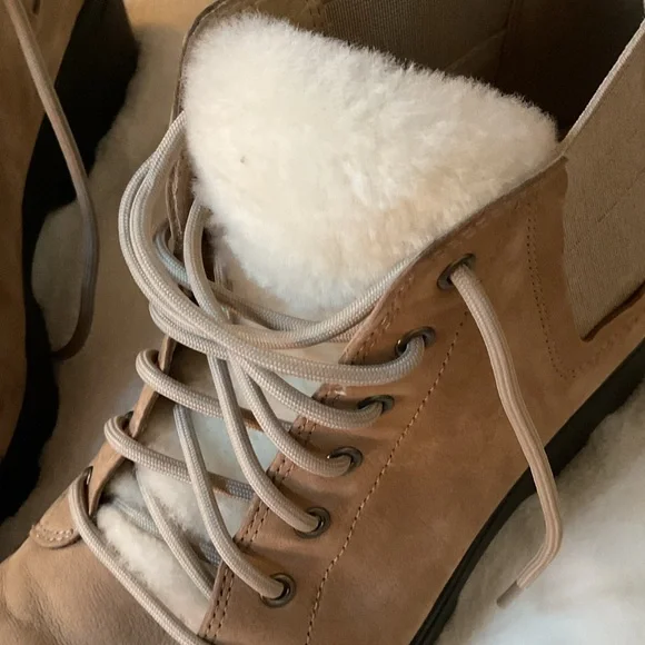 Eileen Fisher Taupe Lace-Up Shearling-Trim Ankle Boots 8 - Picture 2 of 8